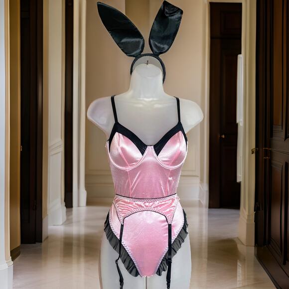 New Small Mean Girls Pink Satin Black Bunny Bodysuit Halloween Costume Set silky - Picture 1 of 5